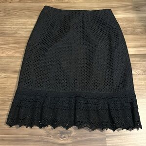 Kay Unger Dark Black Eyelet Lined Tiered Hem Zip Up Midi Skirt 4